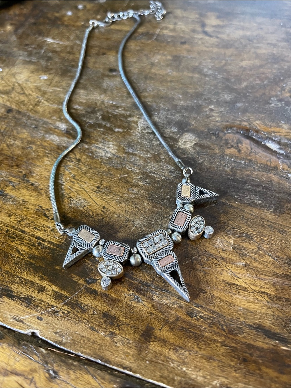 Silver-Tone Geometric Pendant Necklace with Rose Gold Accents